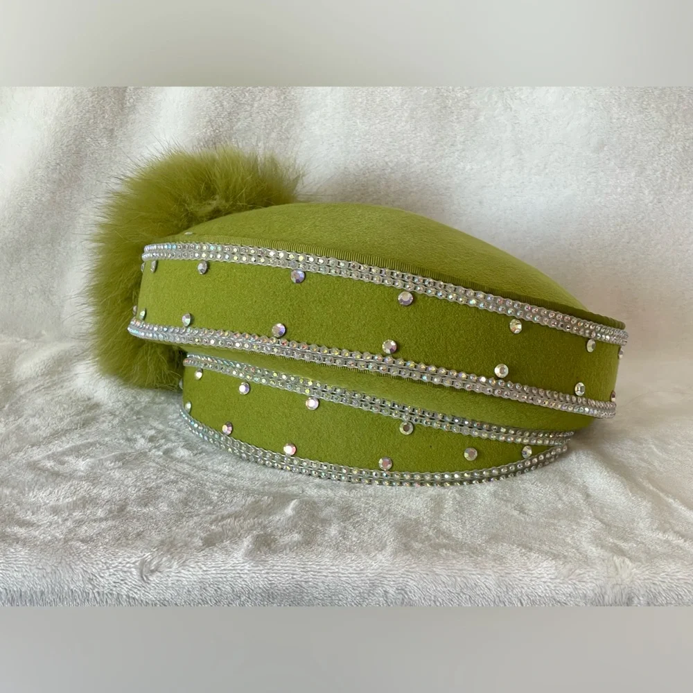 Stunning Mr D’s Vintage hat green wool and rhinestones Sunday church wedding